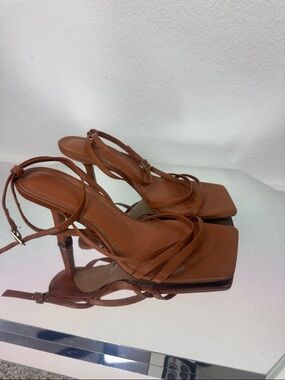 H&M Tan Strappy Square-Toe High Heel Sandals